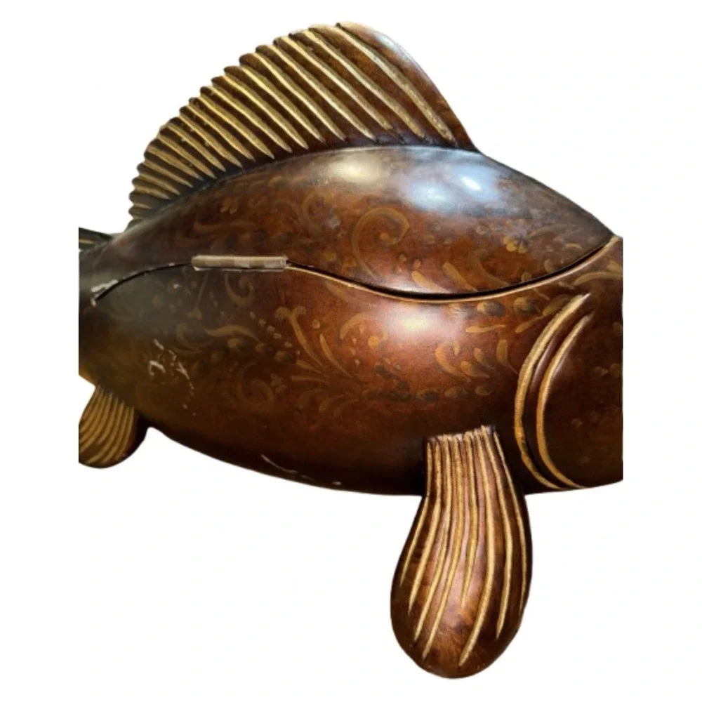 Vintage Castilian Wooden Fish Trinket Box Carved Hinged Keepsake Box 26x11 Rare